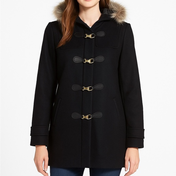 Cole Haan Signature Wool Blend Toggle Coat w/ Faux Fur Hood – Size 10 Black - Picture 1 of 14
